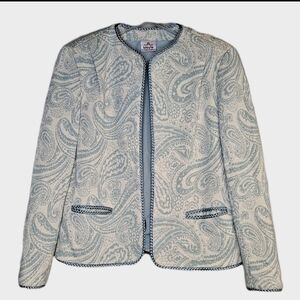Bleyle Classic Vintage Blue Paisley Contrast Trim Wool Knit Open Front Jacket